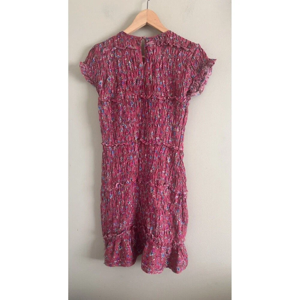 Free People Pink Floral Short Sleeve Smocked Stretch Mini Dress Women's S/P - Picture 5 of 8